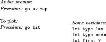 \begin{table}{\it\small
\par
\noindent
At the prompt:\\
Procedure: {\tt go uv\_...
...v} \\
{\tt let type beam} \\
{\tt let first 7} \\
\end{minipage}}
\end{table}